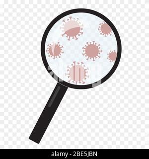 Simple flat design illustration of magnifying glass with bacteria in laboratory. Search for covid-19 or coronavirus disease. Isolated on transparent b Stock Vector