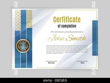 Official white certificate with green design elements. Modern blank with gold emblem. Vector illustration. Green mosaic in row. Stock Vector