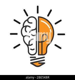 Left and right brain hemispheres in a light bulb. Construction of a thought or idea. Stock vector illustration isolated on white background. Stock vec Stock Vector