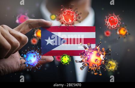 Corona Virus Around Puerto Rico Flag. Concept Pandemic Outbreak in Country Stock Photo