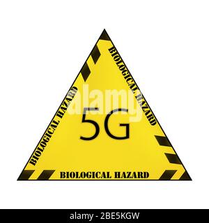 Vector yellow triangular sign with restrictive black stripes and the inscription 5g biohazard isolated on a white background. New generation Stock Vector