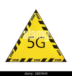 Vector yellow triangular sign with restrictive black stripes and the inscription 5g stop isolated on white background. Concept stop 5g. Stock Vector