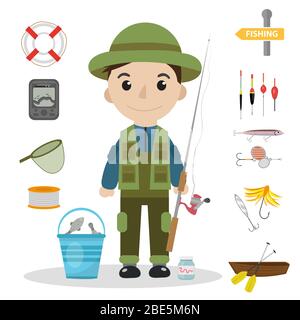 Fishing icon set, flat, cartoon style. Fishery collection objects, design elements, isolated on white background. Fisherman s tools with a fishing rod Stock Photo