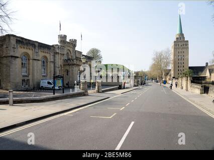 Oxford city New Road Nuffield College Castle Mound and old Magistrates Court free from all pedestrians during Corona virus lockdown. Stock Photo