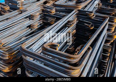 Reinforcing steel bars for building new concrete structures. Base for pouring concrete. Concrete construction. Stock Photo