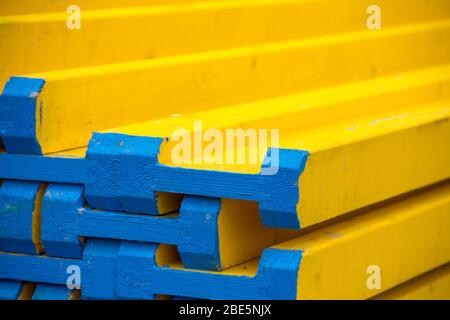 Boards used in concrete works. Material for supports supporting a reinforced concrete structure. Reinforced concrete construction. Stock Photo