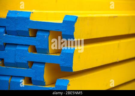 Boards used in concrete works. Material for supports supporting a reinforced concrete structure. Reinforced concrete construction. Stock Photo