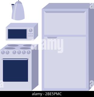 Set of household appliances. Fridge and stove. Microwave and electric kettle. Blue design. Objects for the design of the store, flyers, banners and ad Stock Vector