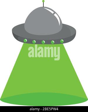 UFO. Flying saucer with a green glow. Place for text. Supernatural print and poster. Science and transport. Stock Vector