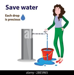 Women closing the water tap as water is overflowing from damage or hole bucket. Wastage of water theme with women character in white background. Vecto Stock Vector