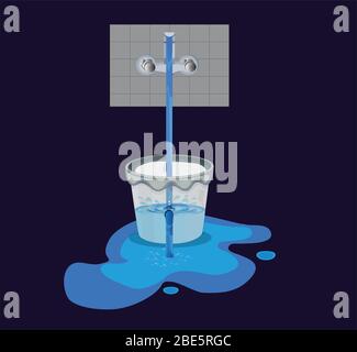 Water waste from running tap. Wastage of  water theme for save water. Spread water on floor from hole bucket. Stock Vector