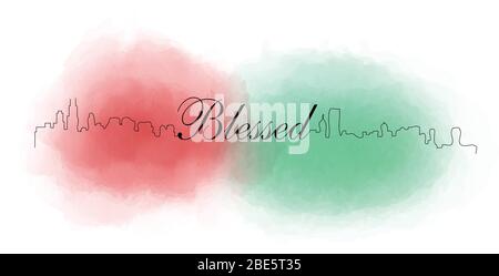 Two Cities skyline with red and green watercolor at background Stock Vector