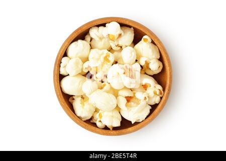 Pop corn in wooden bowl on white background Stock Photo
