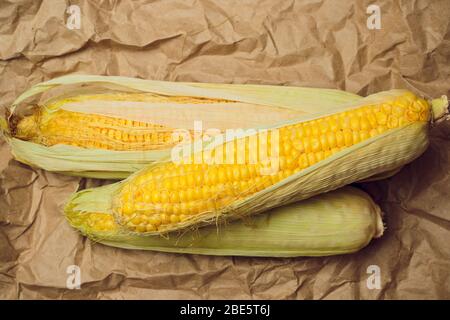 Boiled corn with tops. Yellow agriculture organic vegetarian fresh summer food close up Stock Photo