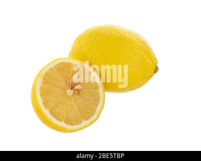 lemon fruit and a half isolated on white background. Fresh lemon. Ripe juicy lemon. Stock Photo