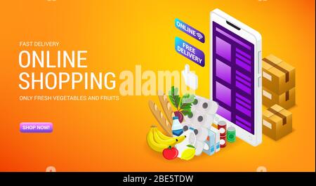 Online shopping, order delivery service, internet store landing page design with isometry cardboard boxes and cart, vector illustration. Stock Vector