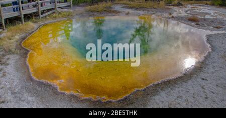 Morning Glory Pool in Yellowstone with Reflection of Trees Stock Photo