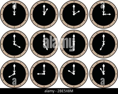 Twelve analog clock faces with white hour and minute hands showing time on the hour from 12 o'clock to 11 o'clock Stock Vector