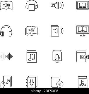 Ebooks, Audiobook, Library outline icons set - Black symbol on white background. Ebooks, Audiobook Simple Illustration Symbol - lined simplicity Sign. Stock Vector