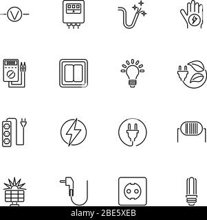 Electricity, Electrification outline icons set - Black symbol on white background. Electricity, Voltage Simple Illustration Symbol - lined simplicity Stock Vector