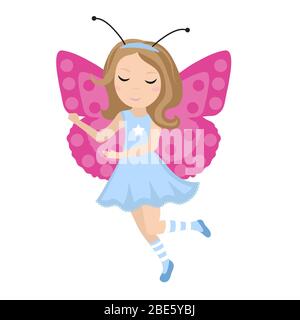 Cute girl butterfly icon in flat, cartoon style. Baby carnival costume. Isolated on white background. illustration. Stock Photo