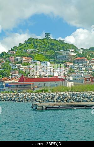 Grenada, St George Town, Outer Harbour, Town Buildings on Hill Side, Caribbean, Stock Photo