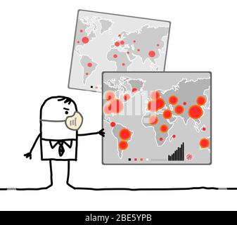 hand drawn Cartoon man with mask watching a world map with big viral epidemic points Stock Vector