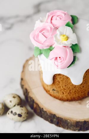 Easter rustic composition with quail eggs in the nest. Holiday background. Copy space Stock Photo
