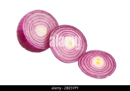 Sliced red onion rings isolated on white background. Stock Photo