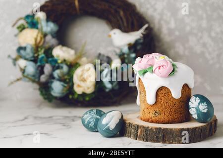 Easter rustic composition with blue eggs. Holiday background. Copy space Stock Photo
