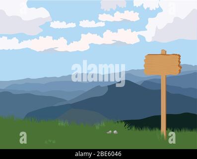Mountain landscape, mountain top, sky and forest, hills. The concept of adventure and travel in nature. Wooden plate Stock Vector