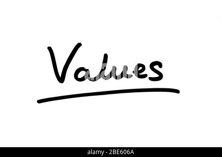 The word Values handwritten on a white background. Stock Photo