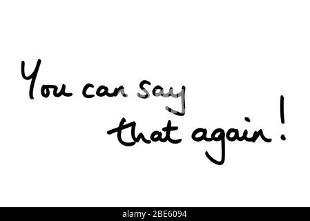 You can say that again! handwritten on a white background. Stock Photo