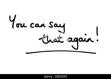 You can say that again! handwritten on a white background. Stock Photo