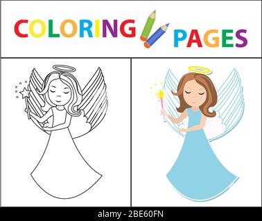 Coloring book page for kids. Angel little girl. Sketch outline and color version. Childrens education. illustration. Stock Photo