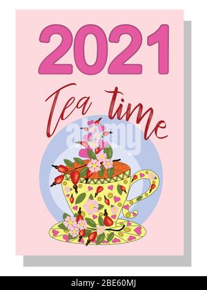 Drinks calendar: with seasonal dessert drawings of various tea, coffee, cocoa. Teas with prescription ingredients. Stock Vector