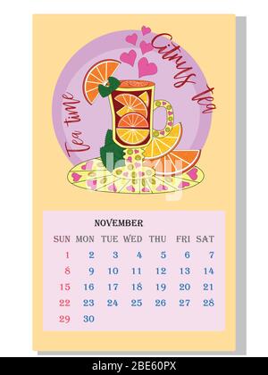 Drinks calendar: with seasonal dessert drawings of various tea, coffee, cocoa. Teas with prescription ingredients. Stock Vector