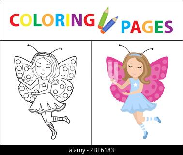 Coloring book page for kids. Girl butterfly carnival costume. Sketch outline and color version. Childrens education. illustration. Stock Photo