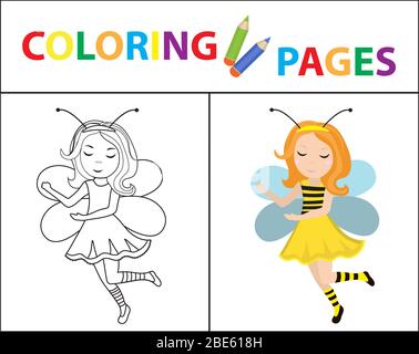 Coloring book page for kids. Girl bee carnival costume. Sketch outline and color version. Childrens education. illustration. Stock Photo