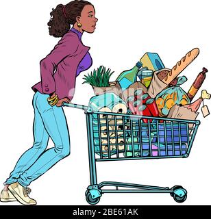 African woman with a full grocery cart Stock Vector