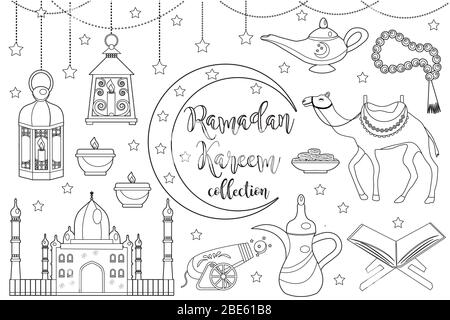 Ramadan kareem icon set sketch outline doodle style. Coloring book page for kids. Collection of arabic design elements with camel, quran, lanterns Stock Photo