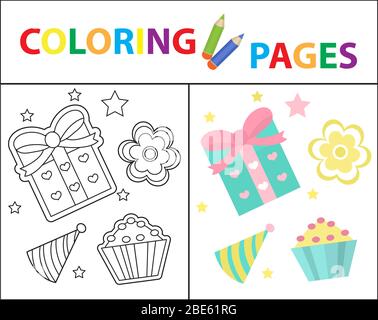 Coloring book page for kids. Birthday gift and cake set. Sketch outline and color version. Childrens education. illustration. Stock Photo