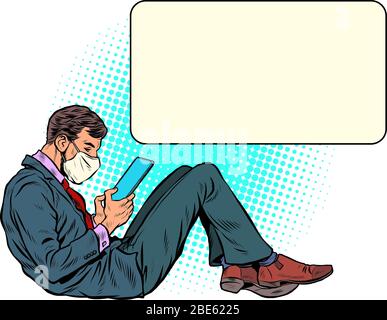 A man in a medical mask reads the news Stock Vector