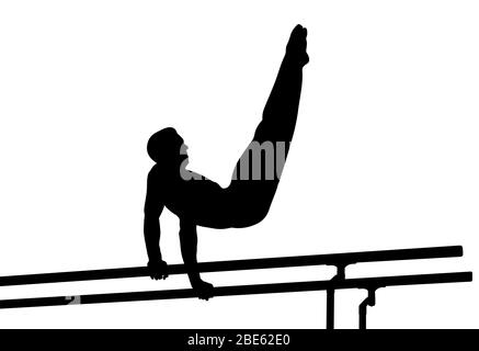 athlete gymnast exercise on parallel bars. isolated black silhouette Stock Photo