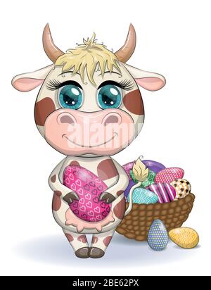 Cute cartoon cow, a bull with an Easter egg, next to a basket of eggs, symbol 2021 on the eastern calendar. Stock Vector