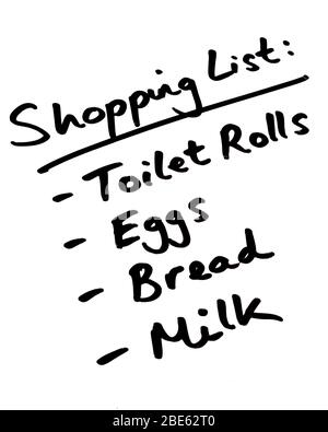 A list of essential supplies on a Shopping List. Stock Photo
