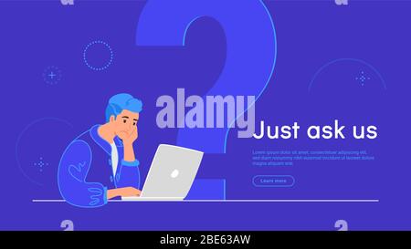 Upset and bored teenager sitting with laptop and big question symbol behind. Flat vector illustration of student needs a prfessional help or advice on Stock Vector