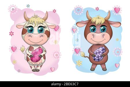 Cute cartoon cow, a bull with an Easter egg, next to a basket of eggs, symbol 2021 on the eastern calendar. Stock Vector