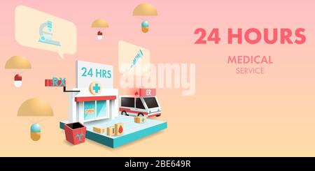 Concept 24 hours medical services vector illustration. Perspective hospital or clinic with ambulance, pills, biohazard bin. Stock Vector
