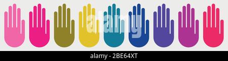 Nine colorful hands. Flat illustration. Stock Vector